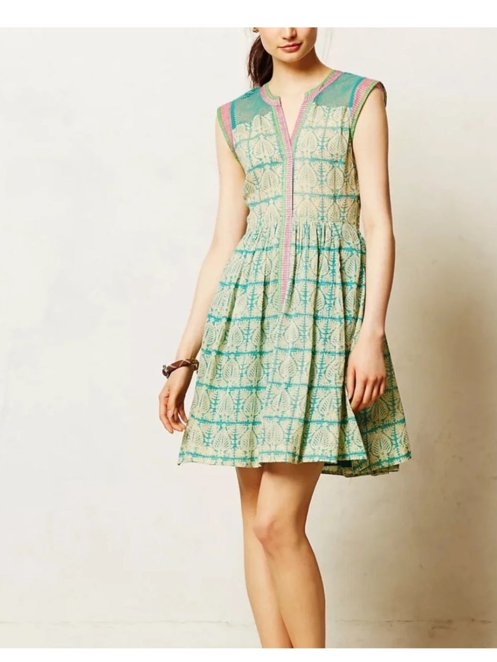 Anthropology x Plenty by Tracy Reese Cotton Teal Printed Sleeveless Dress